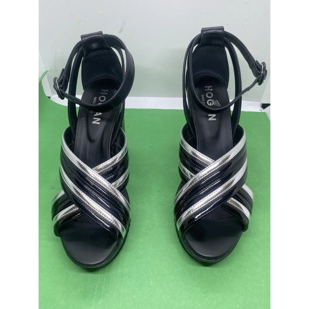 Hogan Black/white Leather Ankle Strap Sandal Heels w/ 1